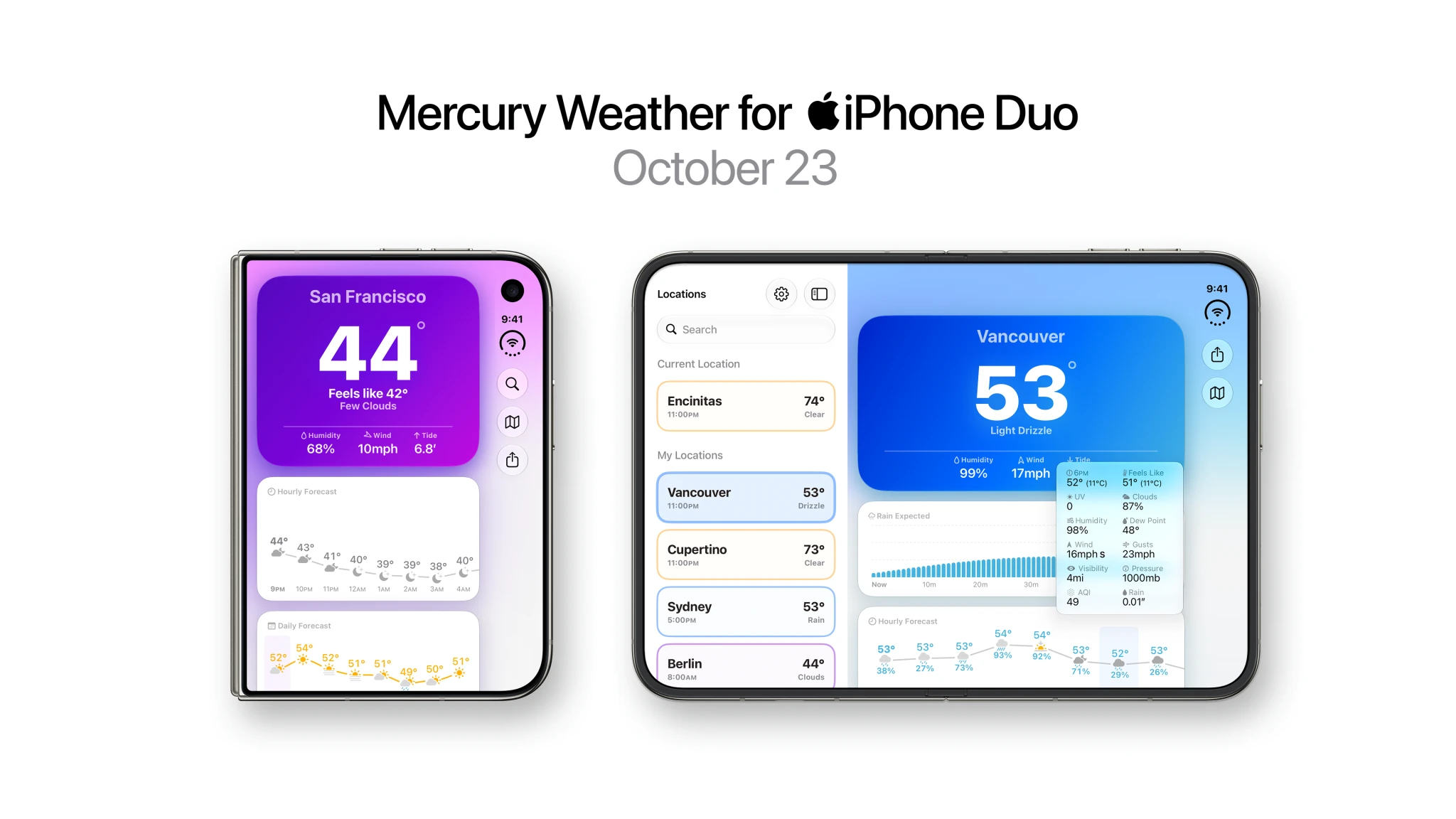 Mercury Weather for iPhone Duo, October 23, showing folded and unfolded layouts with San Francisco and Vancouver forecasts