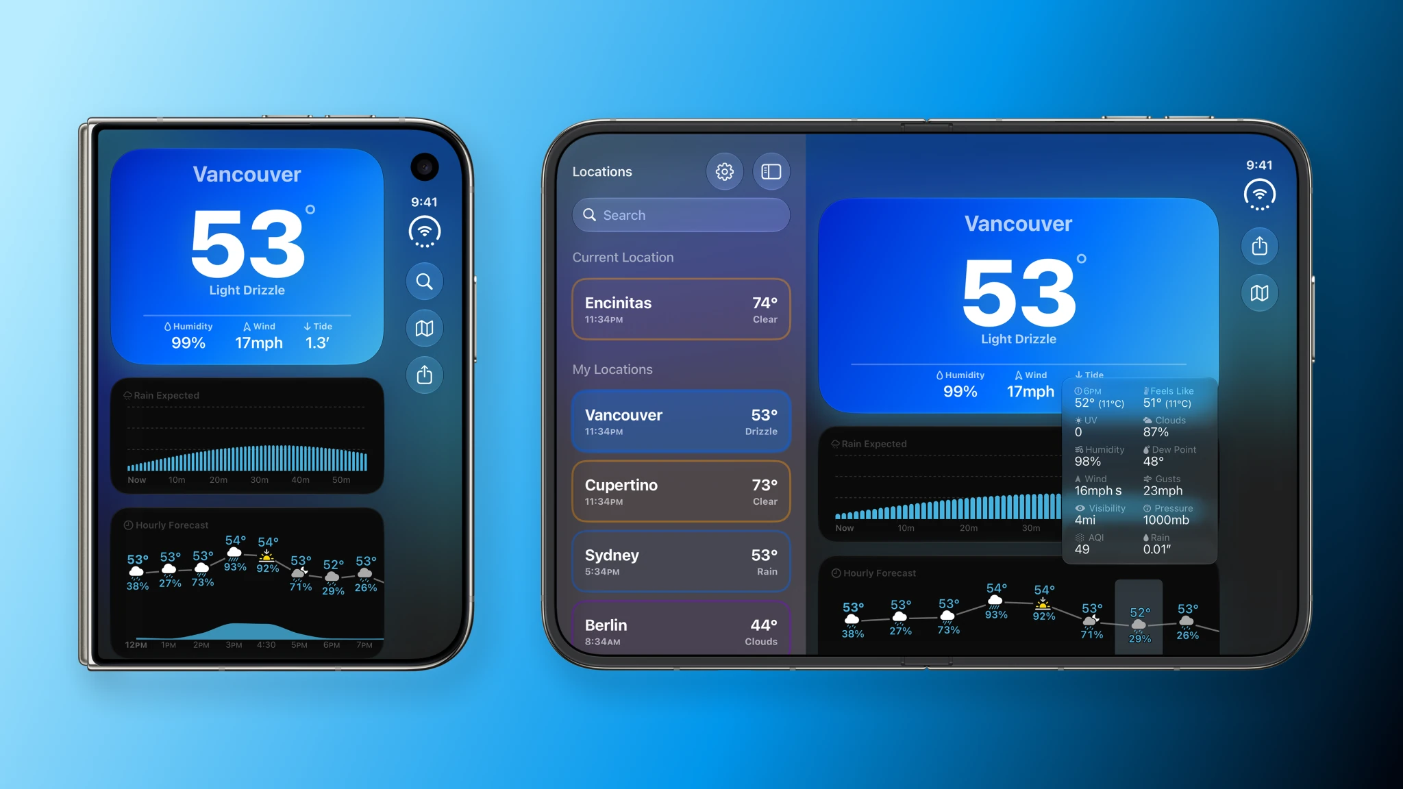 Mercury's Vancouver forecast in dark mode on folded and unfolded iPhone Duo displays