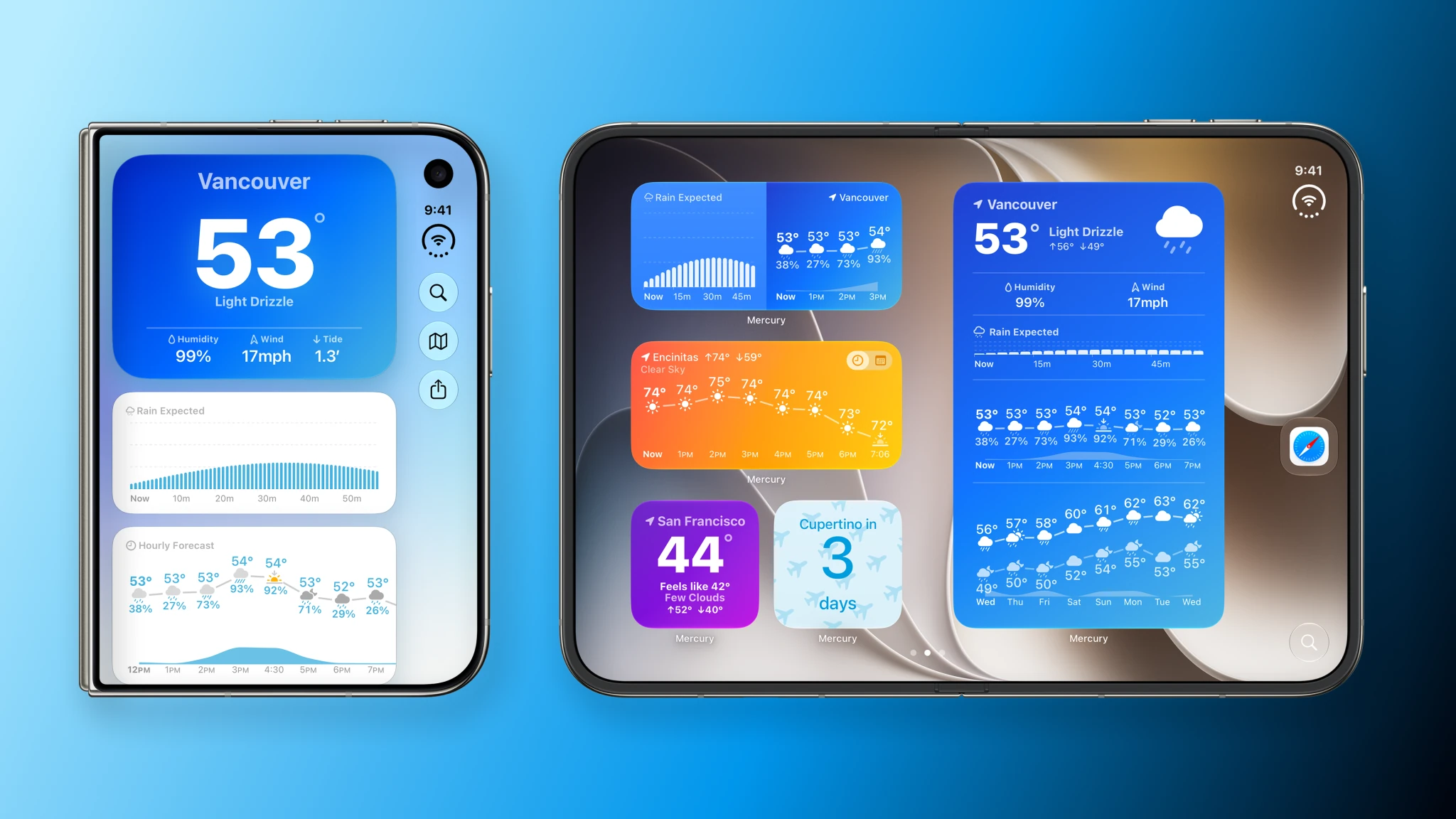 Mercury's Vancouver forecast on a folded iPhone Duo beside weather and trip countdown widgets on the unfolded Home Screen