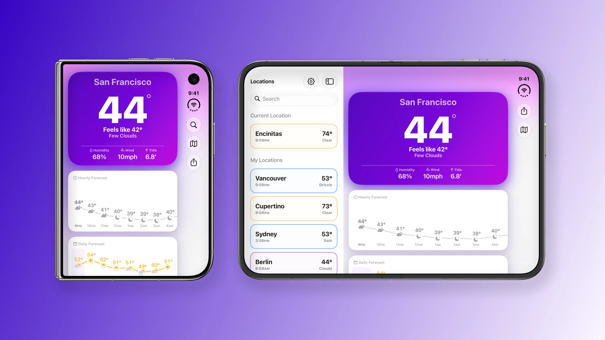 Mercury's San Francisco forecast in light mode on folded and unfolded iPhone Duo displays